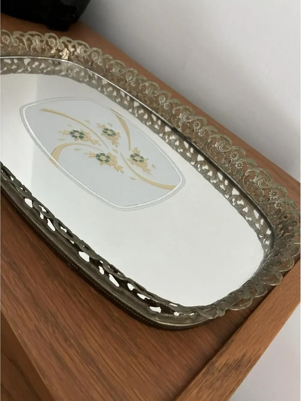 Vintage Vanity/Dresser Mirror/Tray Gold Tone Ormolu Roses Rectangle/Oval